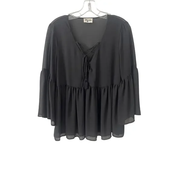 Show Me Your Mumu Black Poet Tie Blouse Sz L - Picture 2 of 6